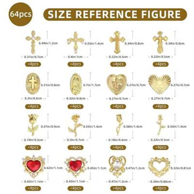 SHEIN 64Pcs Gold Nail Charms Set With Gold Nail Gems, Gold Rose, Hearts, Gold Cross Nail Charms And Virgin Mary Nail Charms - Y2K 3D Chrome Nail Charma Deco