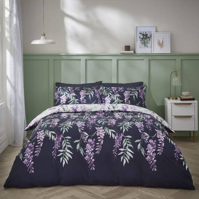 Catherine Lansfield Wisteria Floral Duvet Cover Quilt Bedding Set Navy Double