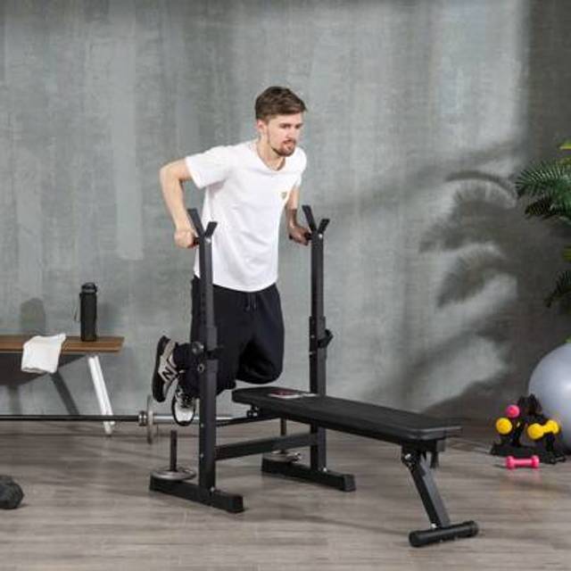 SHEIN HOMCOM Adjustable Weight Bench, Foldable Bench Press With Barbell Rack And Dip Station For Home Gym, Strength Training Multiuse Workout Bench, Black