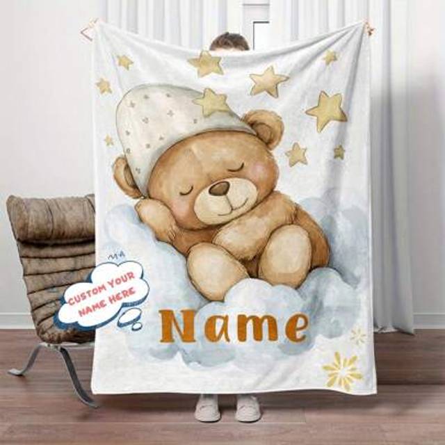 SHEIN Customizable Teddy Bear Blanket - Soft & Lightweight Flannel Throw With Personalized Name, Cozy For Sofa, Bed, Travel, Camping - Adorable Sleeping Bea