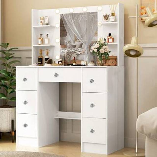 SHEIN Dressing Table With Mirror And LED Lights Vanity Table Makeup Desk 7 Drawers