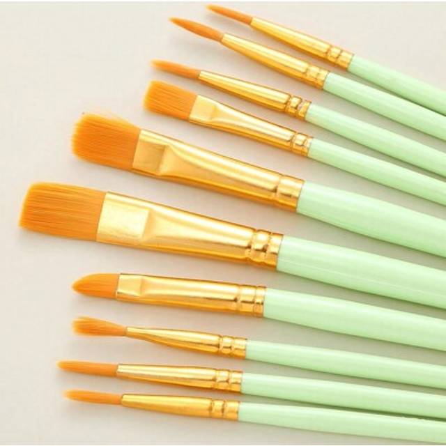 SHEIN 10pcs/Set Mint Green Nylon Hair Watercolor Paint Brush Pen Set, Learning DIY Oil Acrylic Painting Art Paint Brushes,Supplies New Year&#39;s Gift,Student O