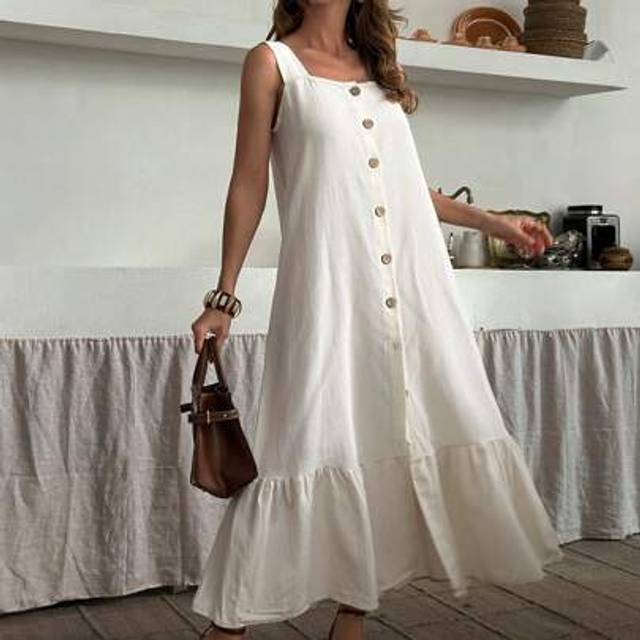 SHEIN Button Through Frill Hem, Linen Look Maxi Dress, Strap Linen Look Dress Women S White Dress Women Summer Clothing