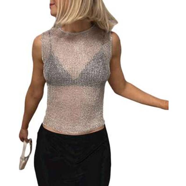 SHEIN Womens Glitter Mesh Tank Top Mock Neck Skinny Vest Tops Sleeveless See Through Crop Tops Y2K  Going Out Streetwear