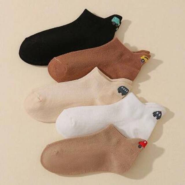 SHEIN 5 Pairs Kids Socks, Brown Series Embroidered Cars Breathable Mesh Short Socks, Simple Classic , Skin-Friendly Soft Comfortable Casual Sporty Socks, Su