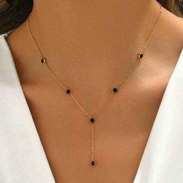 SHEIN 1pc Women Stainless Steel Y-Shaped Chain Necklace With Black Zirconia, Teardrop & Tassel Pendant, 18k Gold Plated Fashionable Jewelry