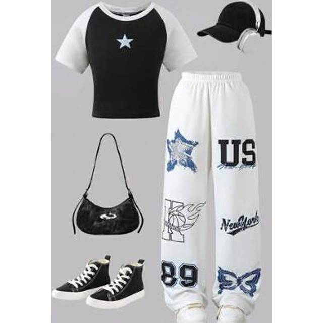 SHEIN 2pcs/Set Teenager Street Casual Sports Star Contrast Color Raglan Sleeve Fitted Short Crop Top + Loose Grafitti Print Sweatpants