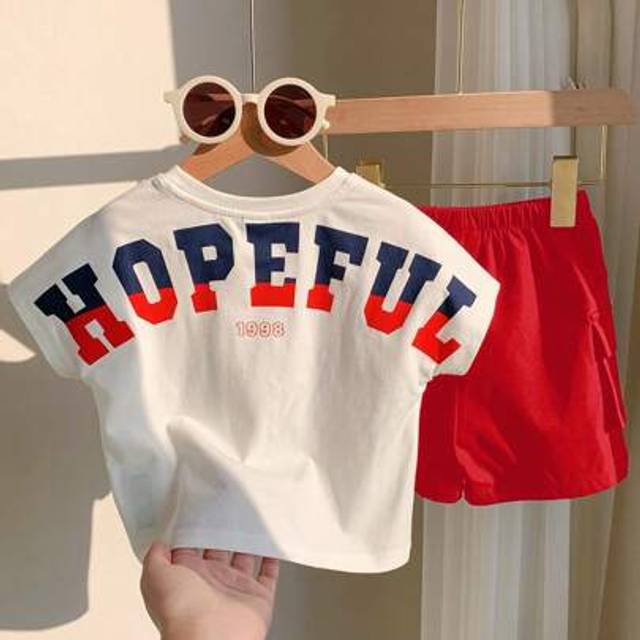 SHEIN 2pcs/Set Baby Boy Summer Casual Sports Cute Letter Pattern Knitted Short Sleeve Top And Elastic Waist Shorts Set