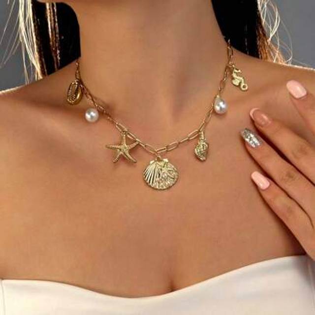 SHEIN 1pc Beach Style Pearl Shell Starfish Conch Pendant Necklace, Suitable For Women&#39;s Daily Accessories, Vacation, Date, Gifts