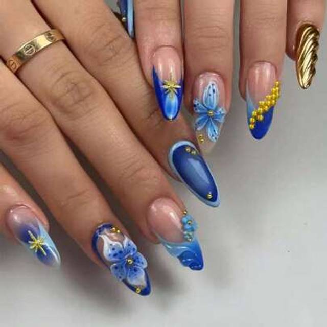 SHEIN 24Pcs Long Almond 3d Gelnails Makes Flower Nails Design French Tip Press On Nails Medium With Pearl Design Fit Perfectly Acrylic False Nails Set,Inclu