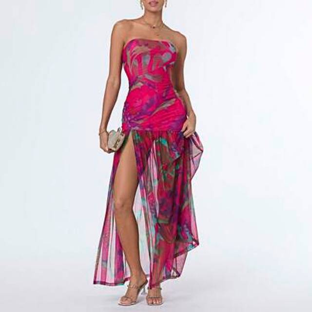 SHEIN Women&#39;s Tube Top Dress Slim Strapless Backless Mesh Patchwork Tropical Leopard Print High Slit Long Dress For Party Club Night