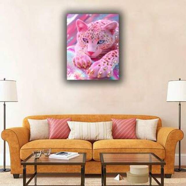 SHEIN 5D Diamond Painting Kit, Pink Leopard Wall Art - Frameless Coloful Big Cat Diy Diamond Mosaic, Suitable For Living Rooms, Modern Animal Theme Artworks