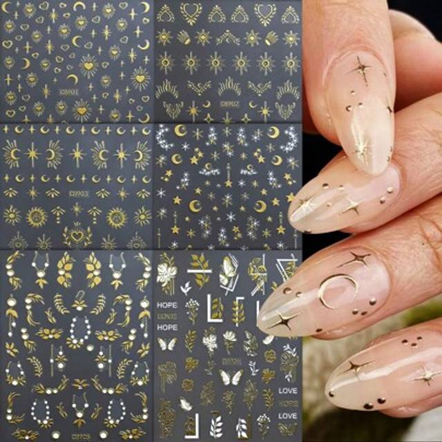 SHEIN 6Sheets Star Moon Nail Art Stickers, 6pcs 3D Black Gold Sliver White Self-Adhesive Nail Art Decals, Moon Sun Starlight Butterflies DIY Manicure Decora