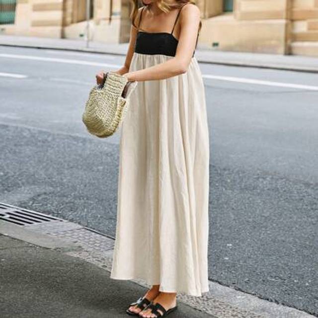 SHEIN Plus Size Women Loose Fitting Suspender Linen Color Block A-Line Maxi Dress