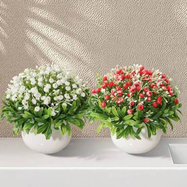 SHEIN 1/2pcs Artificial Baby&#39;s Breath Potted Plant, Red, White, Potted Plant, PE Material, Artificial Flowers, Artificial Plants, Christmas Decorations, Tab
