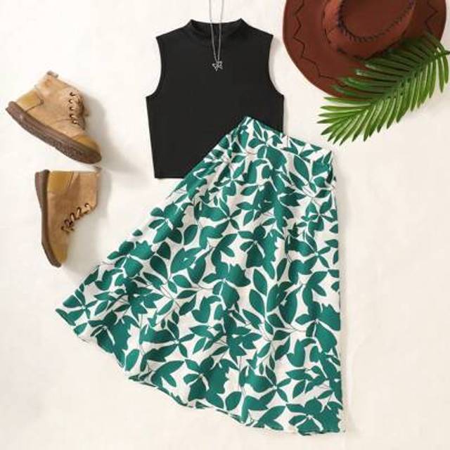 SHEIN Tween Girls Vacation Casual Knit Mock Neck Sleeveless Top And Floral Print Skirt 2 Pieces Set