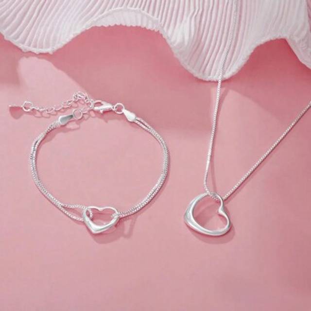 SHEIN 2Pcs Fashion Elegant 925 Sterling Silver Heart Bracelets Necklaces Set Thanksgiving Gift For Women Wedding Engagement Party & All-Season Jewelry