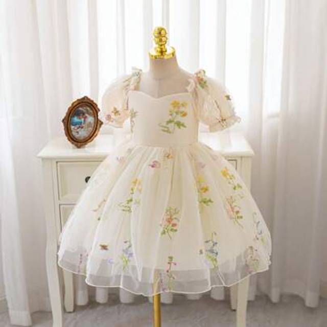 SHEIN Young Girl&#39; Princess Dress, Flower Girl, Birthday Party Wedding Holiday Costume, Apricot Puff Sleeve Embroidered Floral Lace Tulle Dress, Suitable For