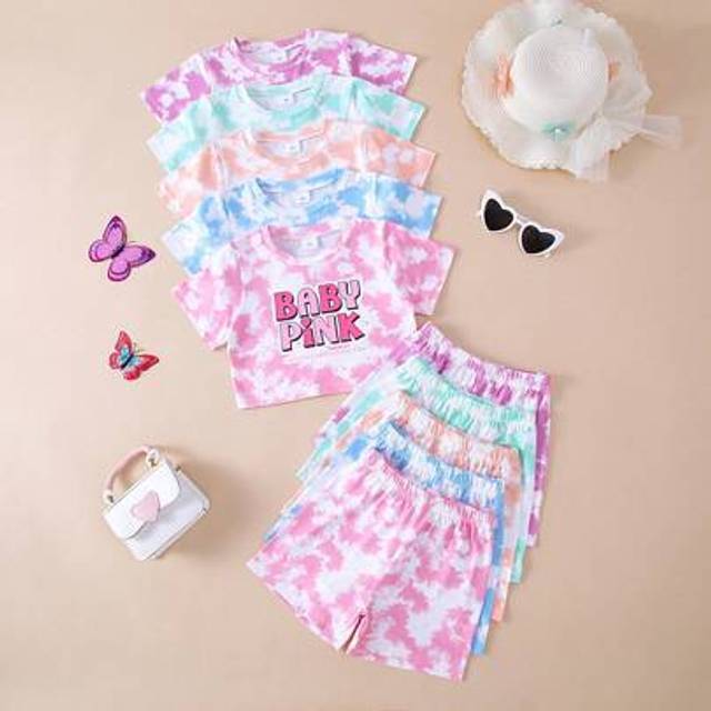SHEIN 10pcs/Set Young Girls Casual &#34;Baby Pink&#34; English Letter Tie-Dye Print Soft Short Sleeve T-Shirt And Shorts Set, Suitable For Outdoor Wear, Spring/Summ