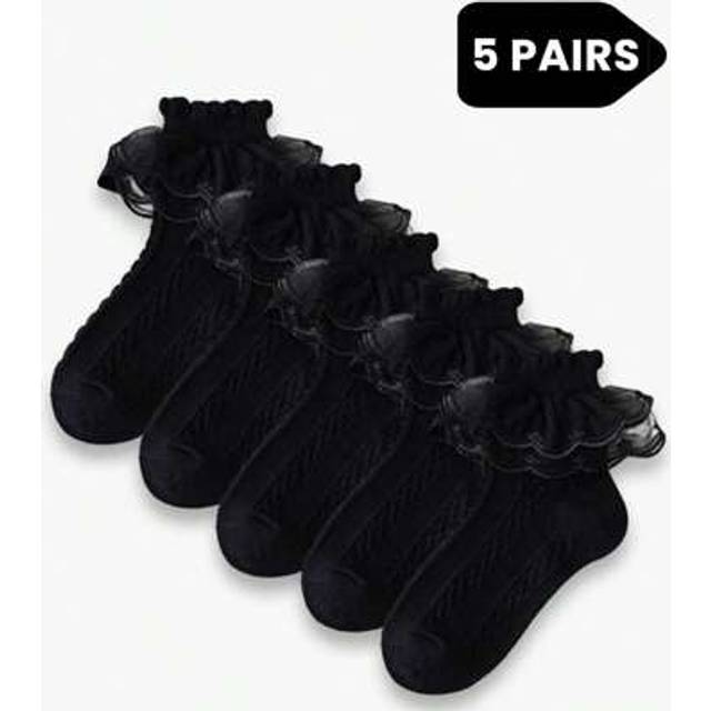 SHEIN 5 Pairs Girls Black Ruffle Trim Sheer Mesh Socks, Princess Style Breathable School/Dance Socks, Suitable For Birthday Gift, Back To School, Dance Perf