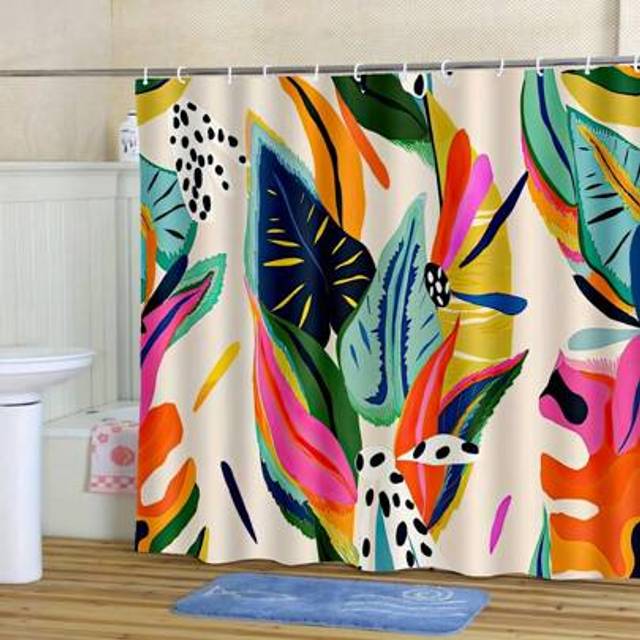 SHEIN 1pc [Vibrant Shower Curtain] Tropical Leaf Print Non-Light-Blocking Shower Curtain | Colorful Retro Design With Hooks, Machine Washable Polyester | Ye