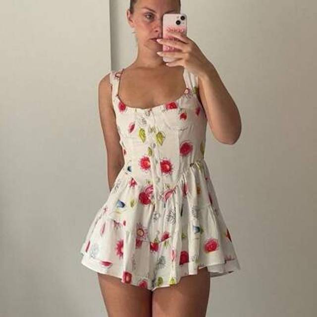 SHEIN Women&#39;s Printed Button Vest Dress With Thick Shoulder Straps, Square Neck And Waist Short Dress, Chest Cup Details, Slim Mini Skirt For Summer Outing