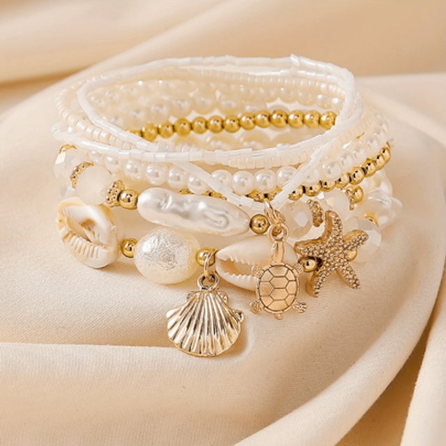 SHEIN 7pcs/Set 2025 New Design Charms Bohemia Summer Beach With Gold Starfish ,Sea Turtle,Shell , Pearls Beads Bracelets For Women Daily Prome Dress Legance