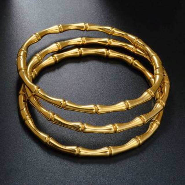 SHEIN 3pcs Set 18K Gold Plated Stainless Steel Bamboo Pattern Bangle Bracelet, Fashion Accessories For Women Daily, Party, Holiday, Gift