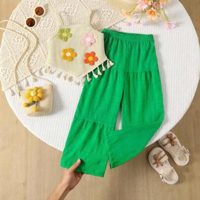 SHEIN 2pcs Girls Summer 3D Embroidery Decor Camisole Top With Asymmetrical Hem & Casual Long Pants Set