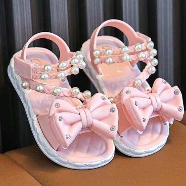 SHEIN 1 Pair Pink Pearl Crystal Decorated Girls Children Summer Beach Sandals For Toddlers