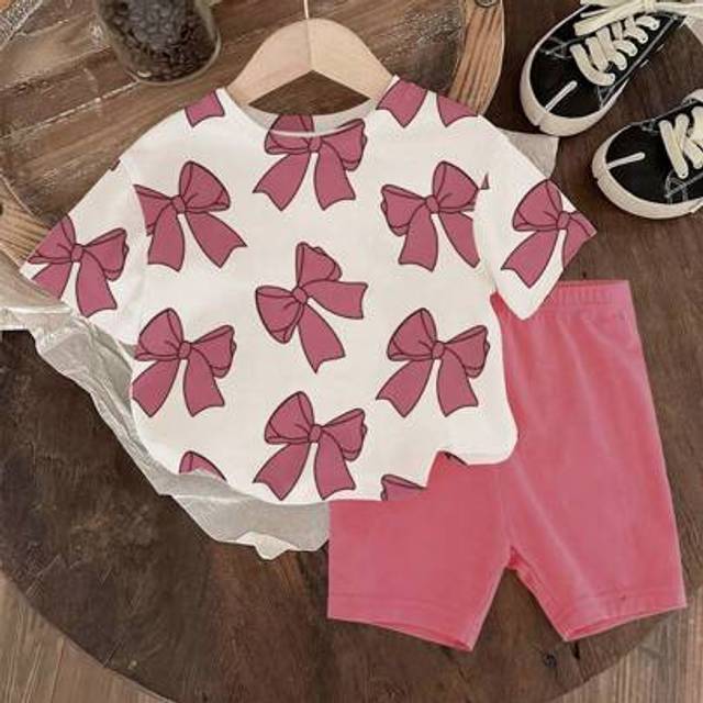 SHEIN Baby Girl Bow Print Round Neck Short Sleeve Cute T-Shirt And Pink Knit Leggings 2Pcs Set