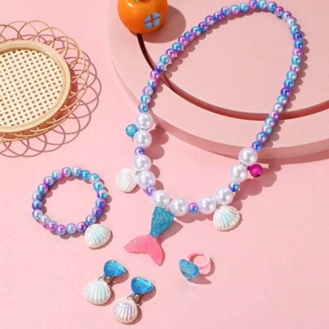 SHEIN 5pcs/Set Girls&#39; Princess Jewelry Set Including Mermaid Tail Shaped Pearl Necklace, Bracelet, Ring And Earrings