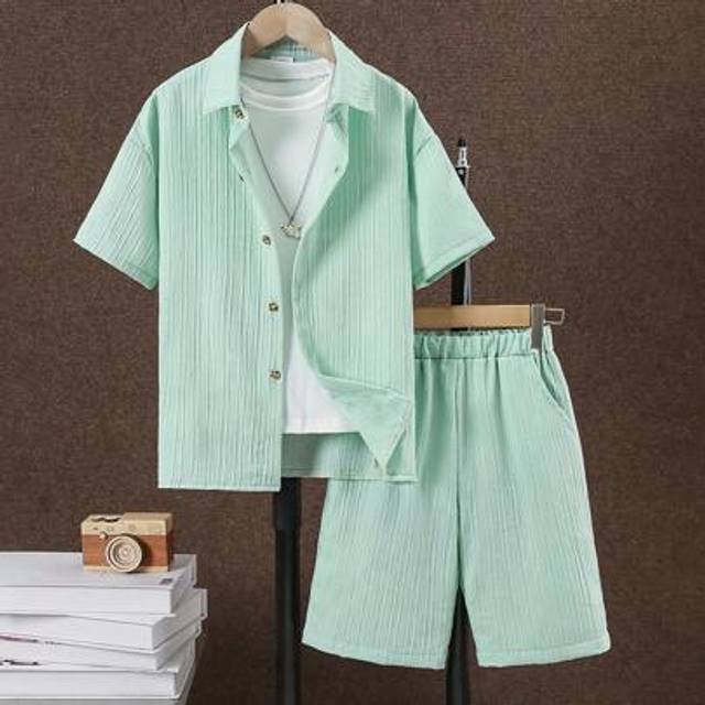 SHEIN Tween Boy Plain Short Sleeve Shirt & Shorts 2 Pieces Set, Minimalist Fashion For Summer