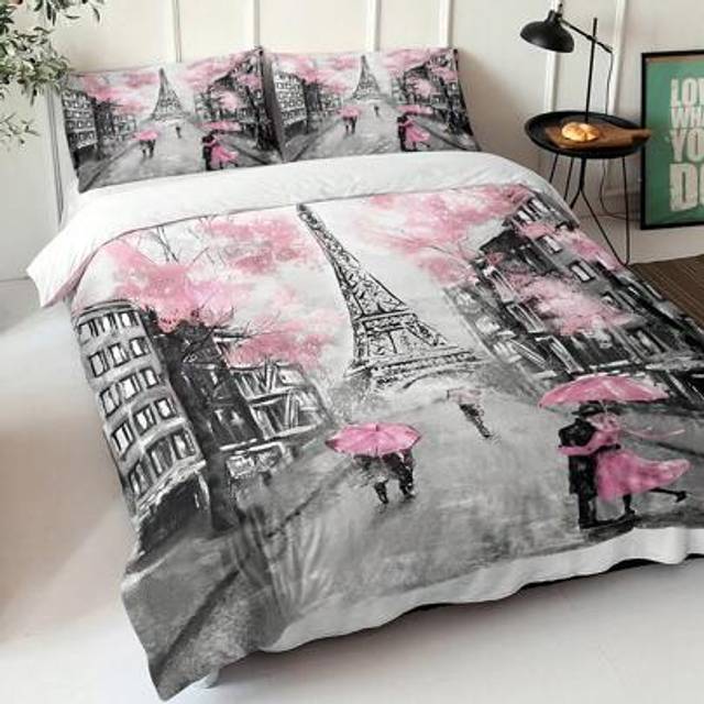 SHEIN 3pcs French Style Duvet Cover Set (1 Duvet Cover + 2 Pillowcase), Eiffel Tower Print Bedding Sweet French Street Scene Pattern Polyester Duvet Cover F