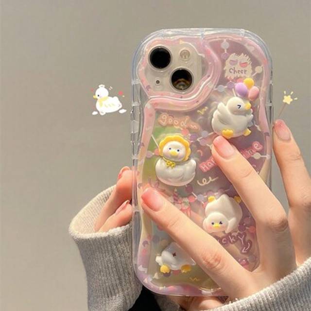 SHEIN INS Cute 3D Cartoon Duck Cake Gradient Wave Border Silicone Soft Case Compatible With Iphone 16 15 14 Pro Max 13 12 11 X XR 7 8 Plus Back Cover