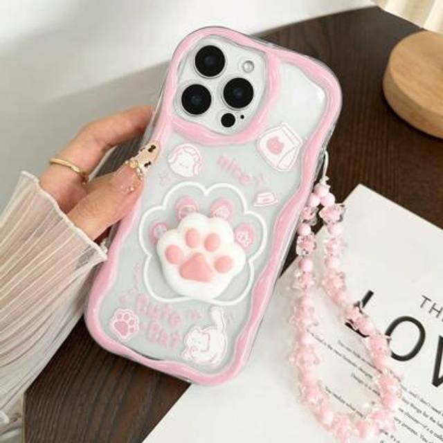 SHEIN Phone Charm, Phone Lanyard Cat Scratch Cartoon Squeeze Toy Flat Cream Wavy Edge Simple Anti-Drop Thick Phone Protective Case Printed Compatible With I