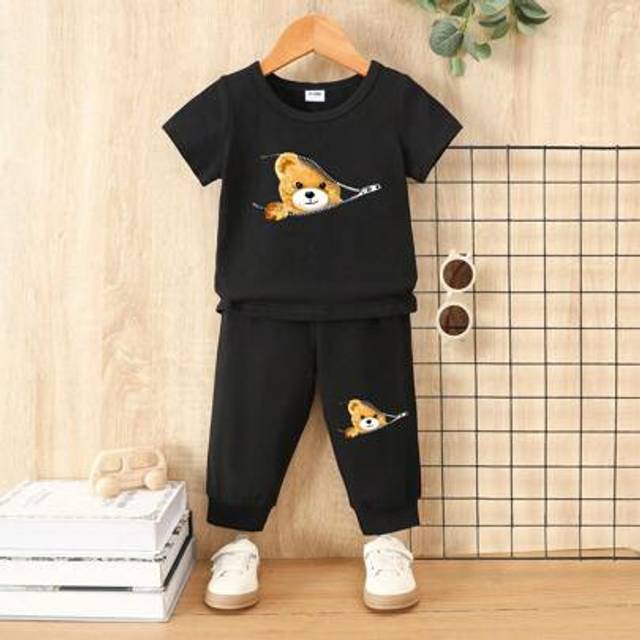 SHEIN Baby Boy Zip-Up Bear Print Casual Round Neck Short Sleeve T-Shirt & Long Pants Set, Summer