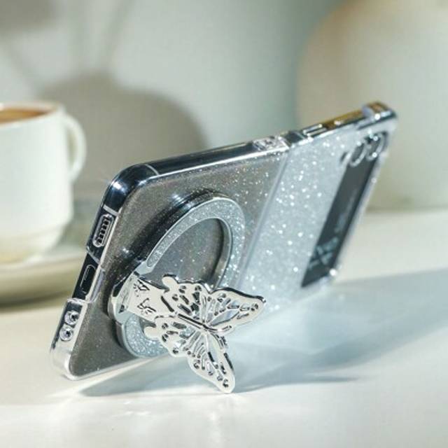 SHEIN 1pc Gradient Shiny Cardboard Electroplated Butterfly Stand Folding Phone Case Compatible With Samsung Galaxy Z Flip3 5G, Galaxy Z Flip4 5G, Galaxy Z F