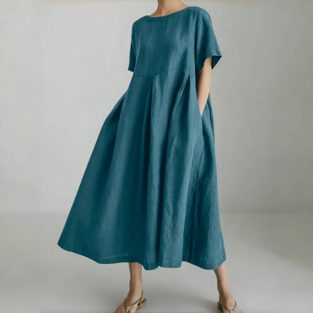 SHEIN Elegant & Simple Women&#39;s Loose Linen Dress, Round Neck Pockets Short Sleeve Solid Color Maxi Linen Dress, Suitable For Spring & Summer