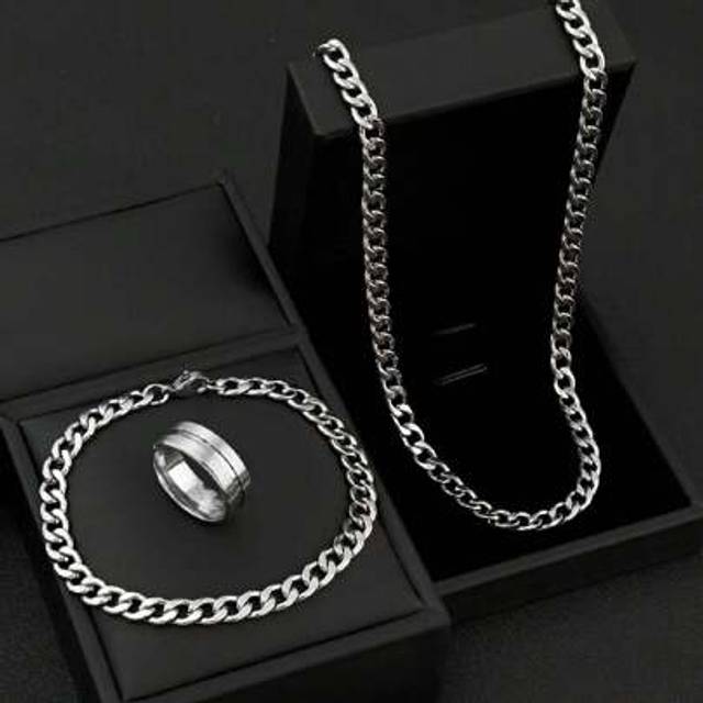SHEIN Men&#39;s Stainless Steel Jewelry Set Chain Cuban Necklace Bracelet Recessed Ring Hip Hop Stylish And Simple Style Suitable For Everyday Wear Holiday Gift