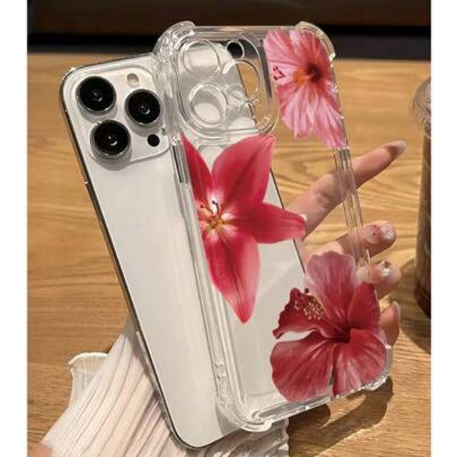 SHEIN 1pc Realistic Big Red Flower Pattern Air Cushion Anti-Drop Phone Case, Suitable For IPhone 16e/16/16 Pro Max/16 Pro/16 Plus/15/15 Pro Max/15 Plus/14/1