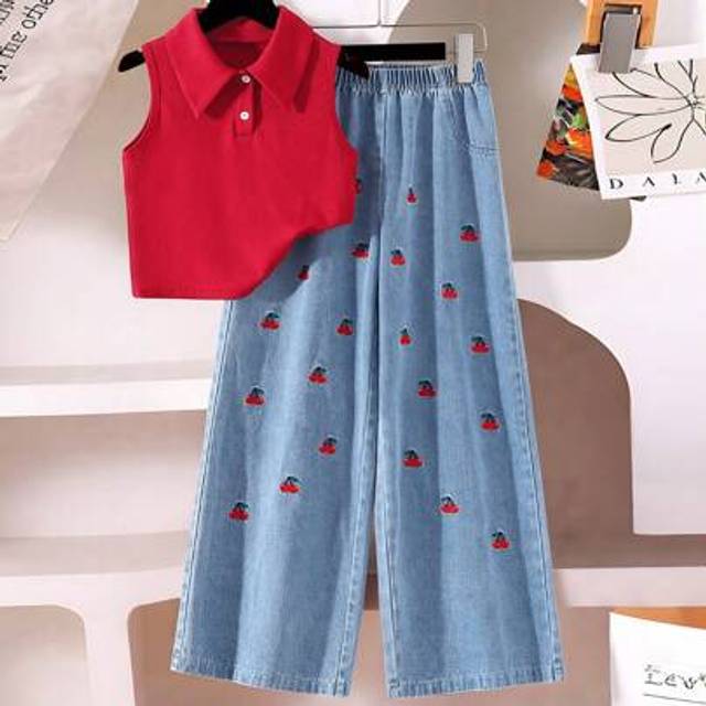 SHEIN Girls&#39; Vintage Polo Collar Fitted Wine Red Tank Top & Elastic Waist Loose Long Floral Embroidery Denim Pants Set, Casual & Fashion Holiday  Travel  Su