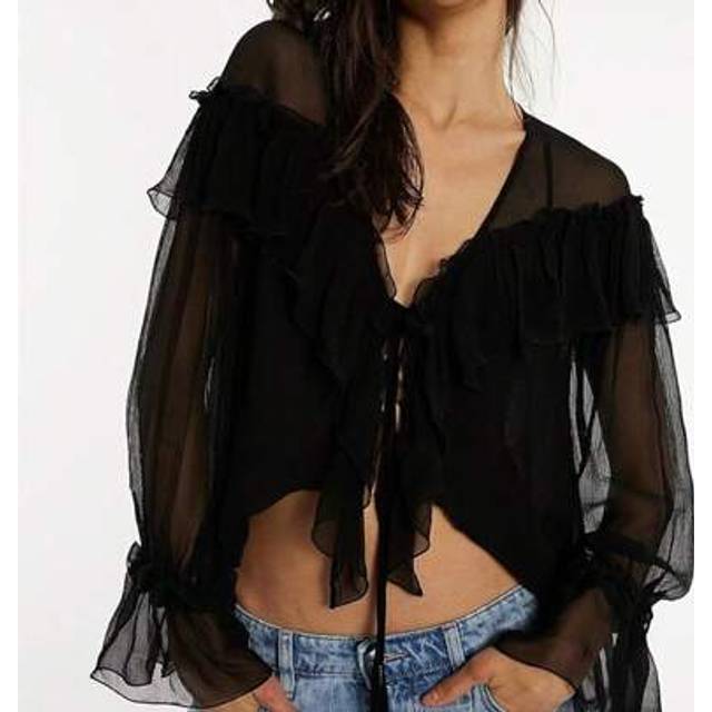 SHEIN Womens Flowy Bow Front Tie Top Long Sleeve Peplum Lace Trim Chiffon Shirt Sheer V Neck Boho Ruffle Beach Blouse