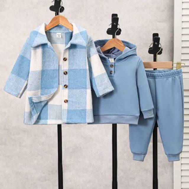 SHEIN Baby Girls Comfy Classic Plaid Jacket With Stylish Hoodie And Pants, Autumn/Winter