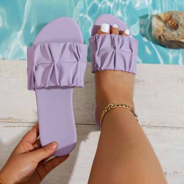 SHEIN Wide Fit Women Fashion Square Toe Pleated Flat Sandals, Summer Holiday Style PU Slippers
