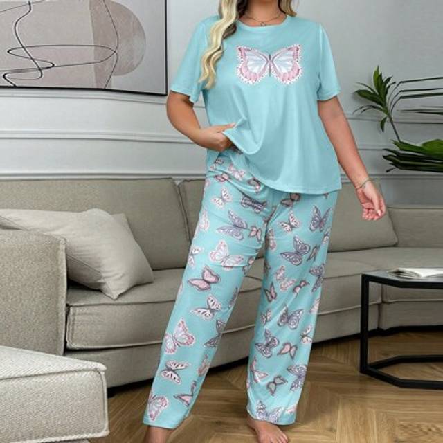 SHEIN Butterfly Printed Casual Plus Size Women Short Sleeve Pajama Sets
