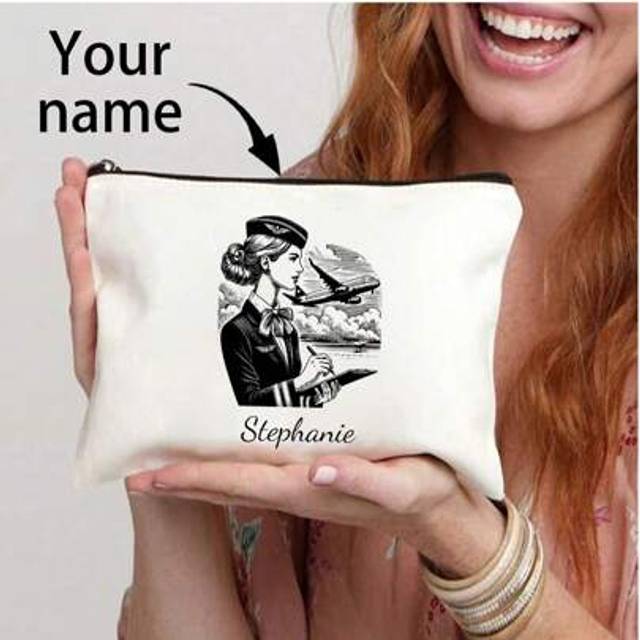 SHEIN 1 PC Fashionable Flight Attendant Personalized Cosmetic Bag - Durable Polyester Makeup Pouch With Zipper, Machine Washable, Lightweight, Fade Resistan