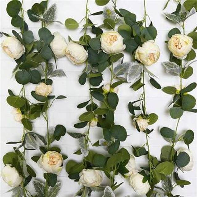 SHEIN 1pc 74.8 Inch Artificial Large Peony Flower Garland, High-End Silk Fabric Realistic Touch Peony Flower With Eucalyptus Green Vines, Suitable For Outdo