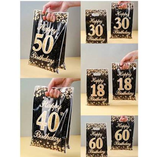 SHEIN 10/25/50Pcs Black And Gold Gift Bags,Plastic Tote Bags With Handles,18th/30th/40th/60th/50th Birthday Party Gift Bags For Guest,Black Gold Theme Birth