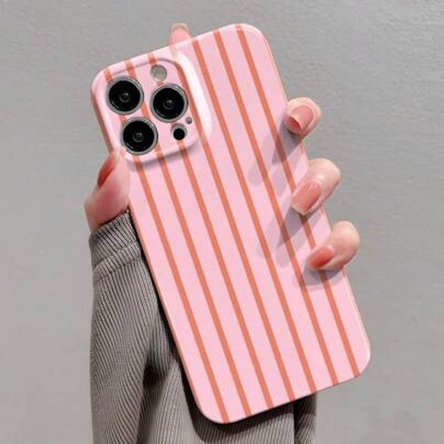 SHEIN Striped 1pc Minimalist Girly Pink Stripe Pattern Perforated Glossy Filmriff Full Coverage Phone Hard Case Compatible With Iphone 11/12/13/14/15/16 Pro